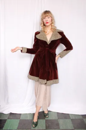 1930s Plum Velvet Belted Coat with Faux Persian Lamb Wool Trim - S/M