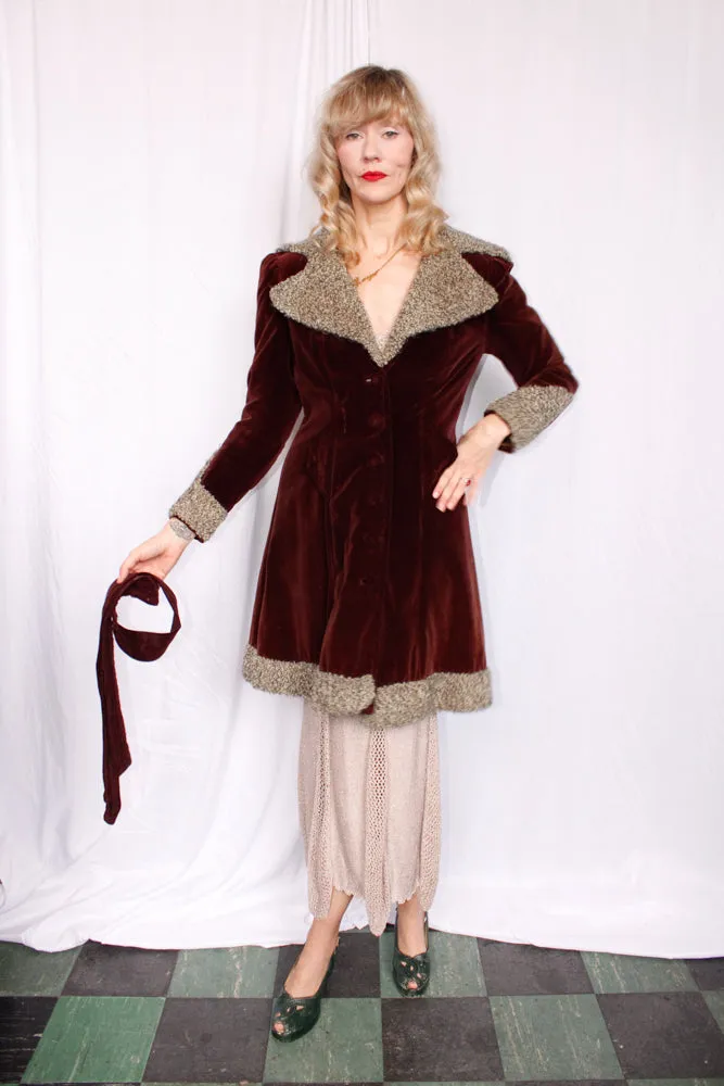 1930s Plum Velvet Belted Coat with Faux Persian Lamb Wool Trim - S/M