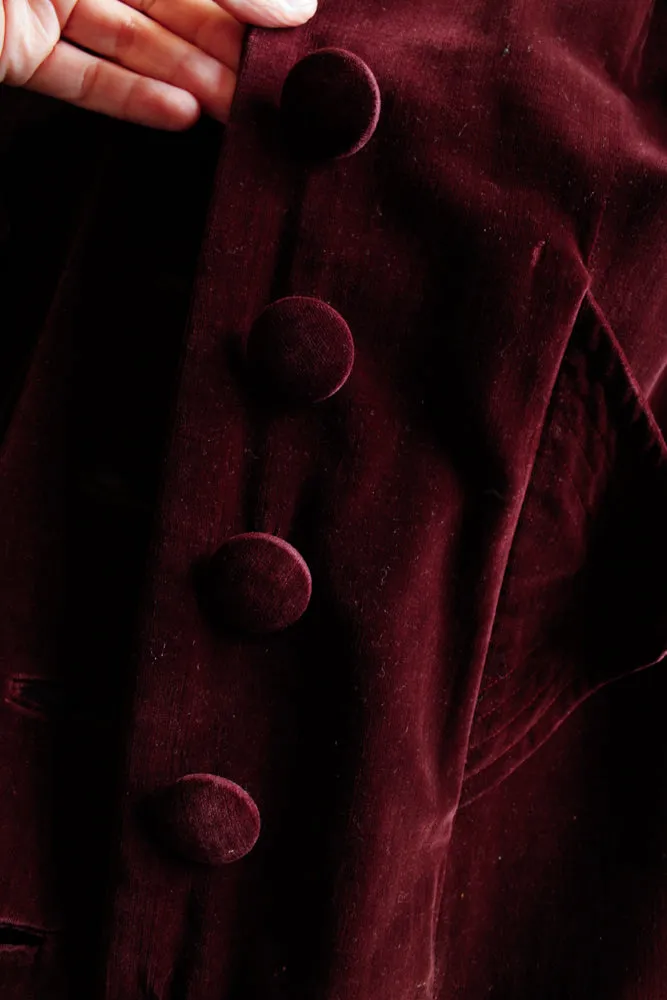 1930s Plum Velvet Belted Coat with Faux Persian Lamb Wool Trim - S/M