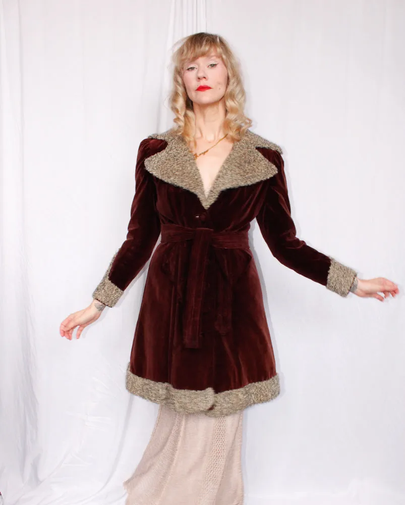 1930s Plum Velvet Belted Coat with Faux Persian Lamb Wool Trim - S/M