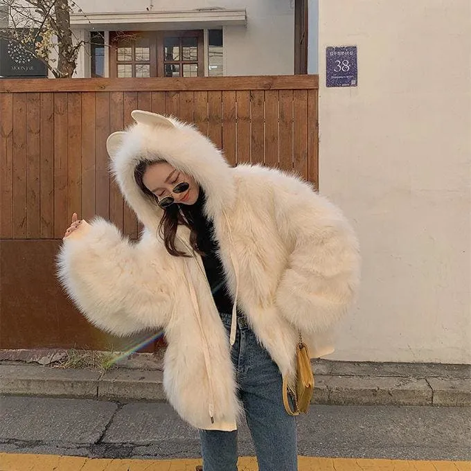 Bear Ears Faux Fur Hooded Coat MK15220