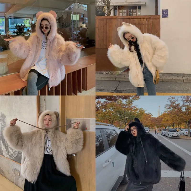 Bear Ears Faux Fur Hooded Coat MK15220