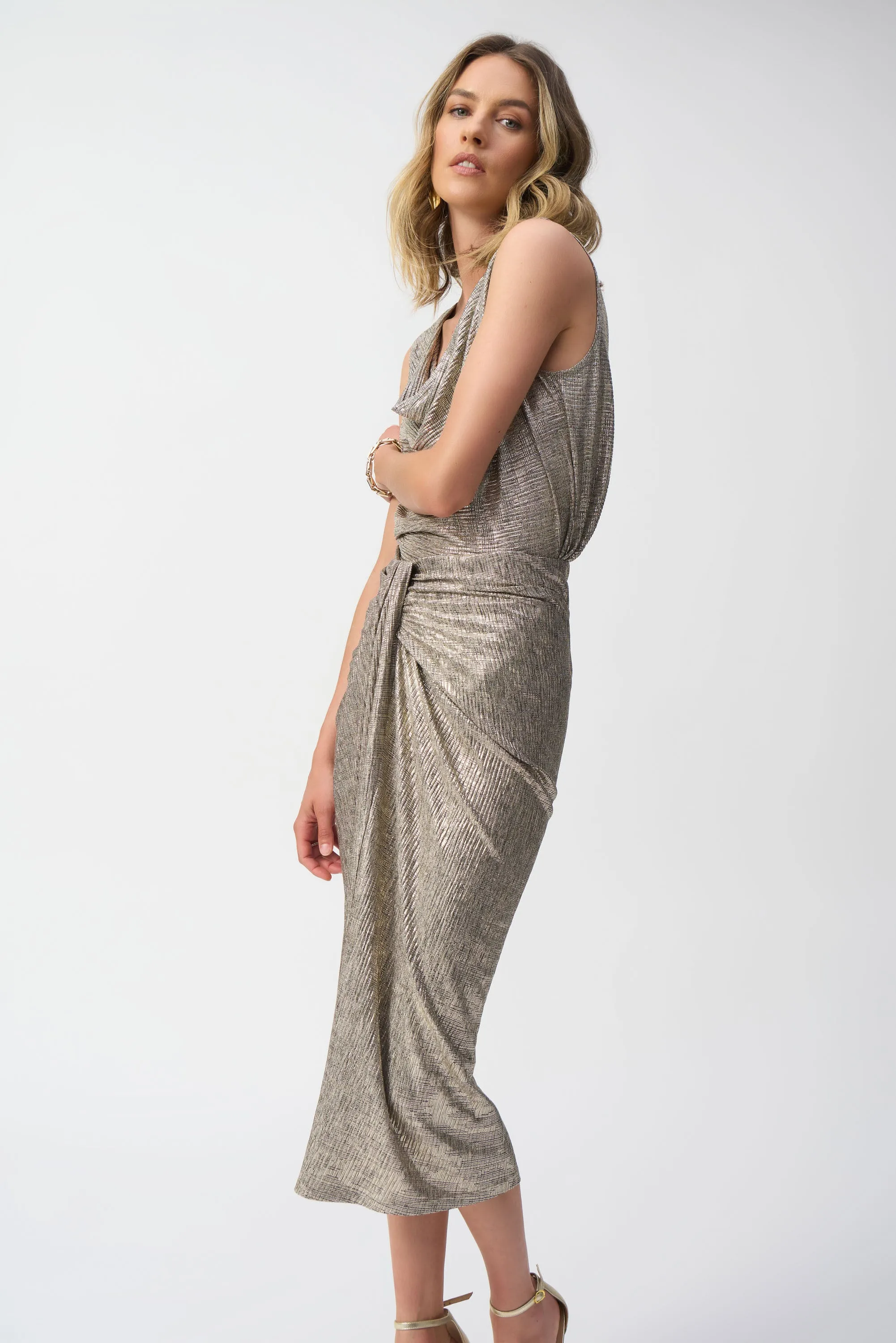Beige & Gold Foiled Knit Draped Pencil Skirt Style 251283
