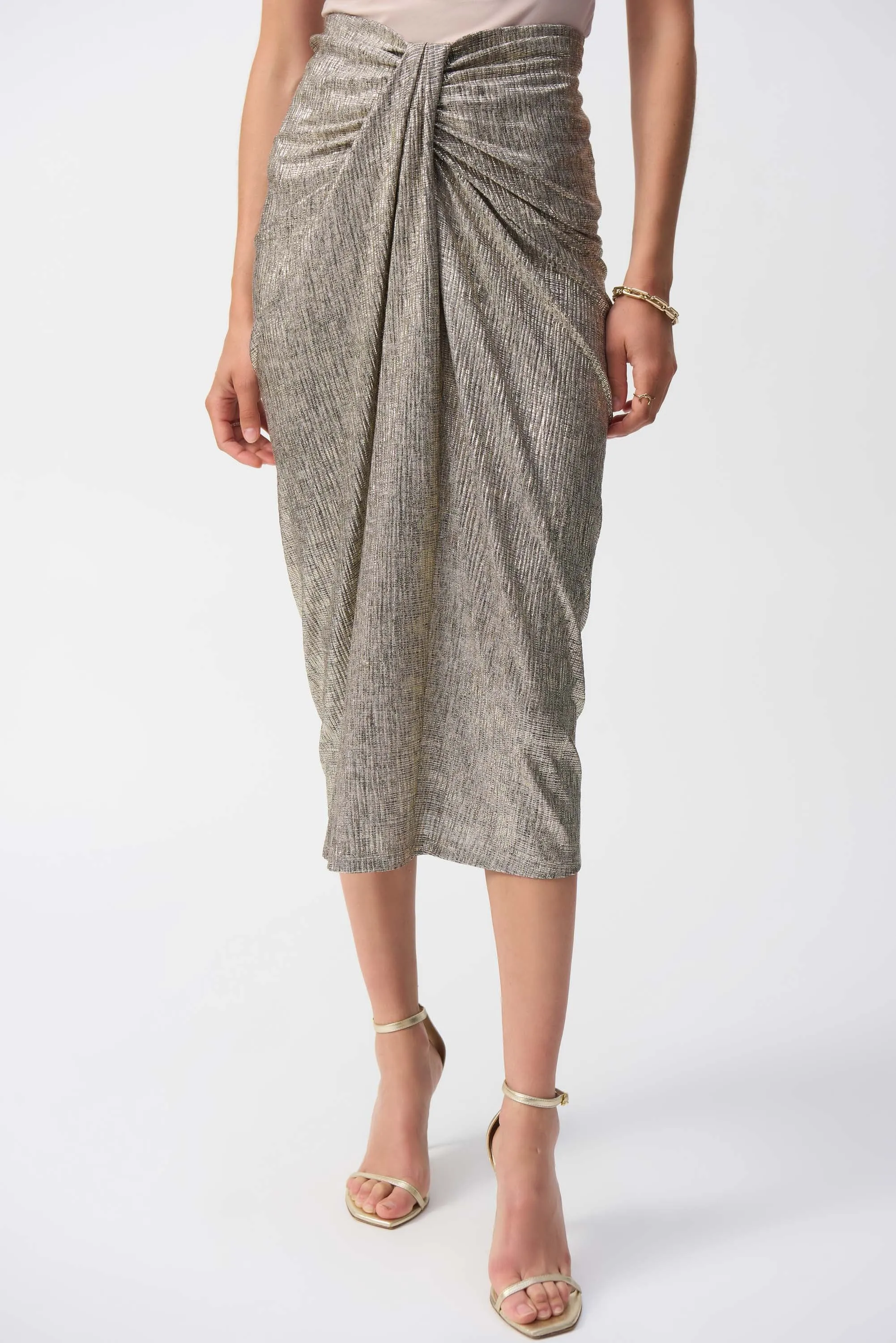 Beige & Gold Foiled Knit Draped Pencil Skirt Style 251283