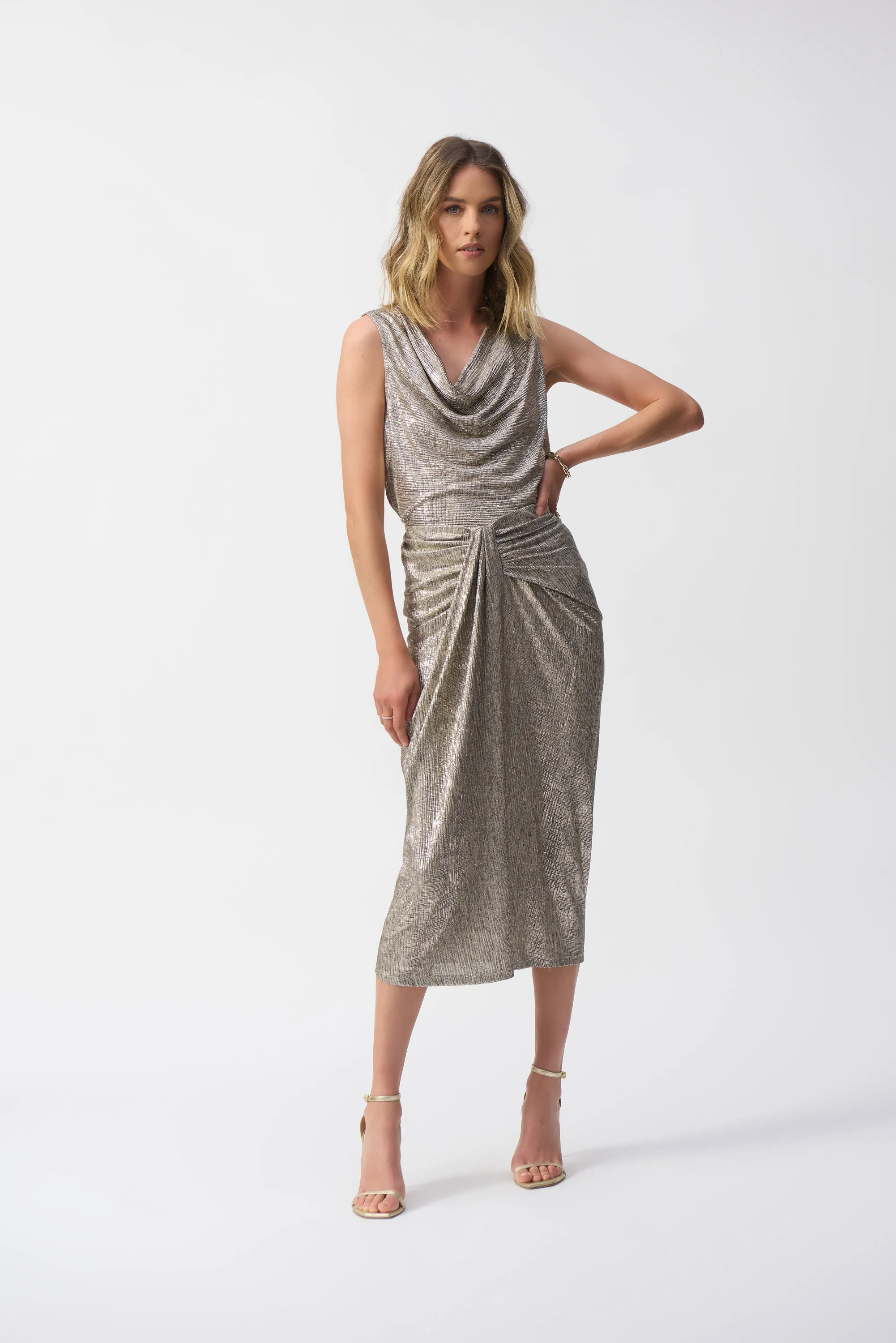 Beige & Gold Foiled Knit Draped Pencil Skirt Style 251283