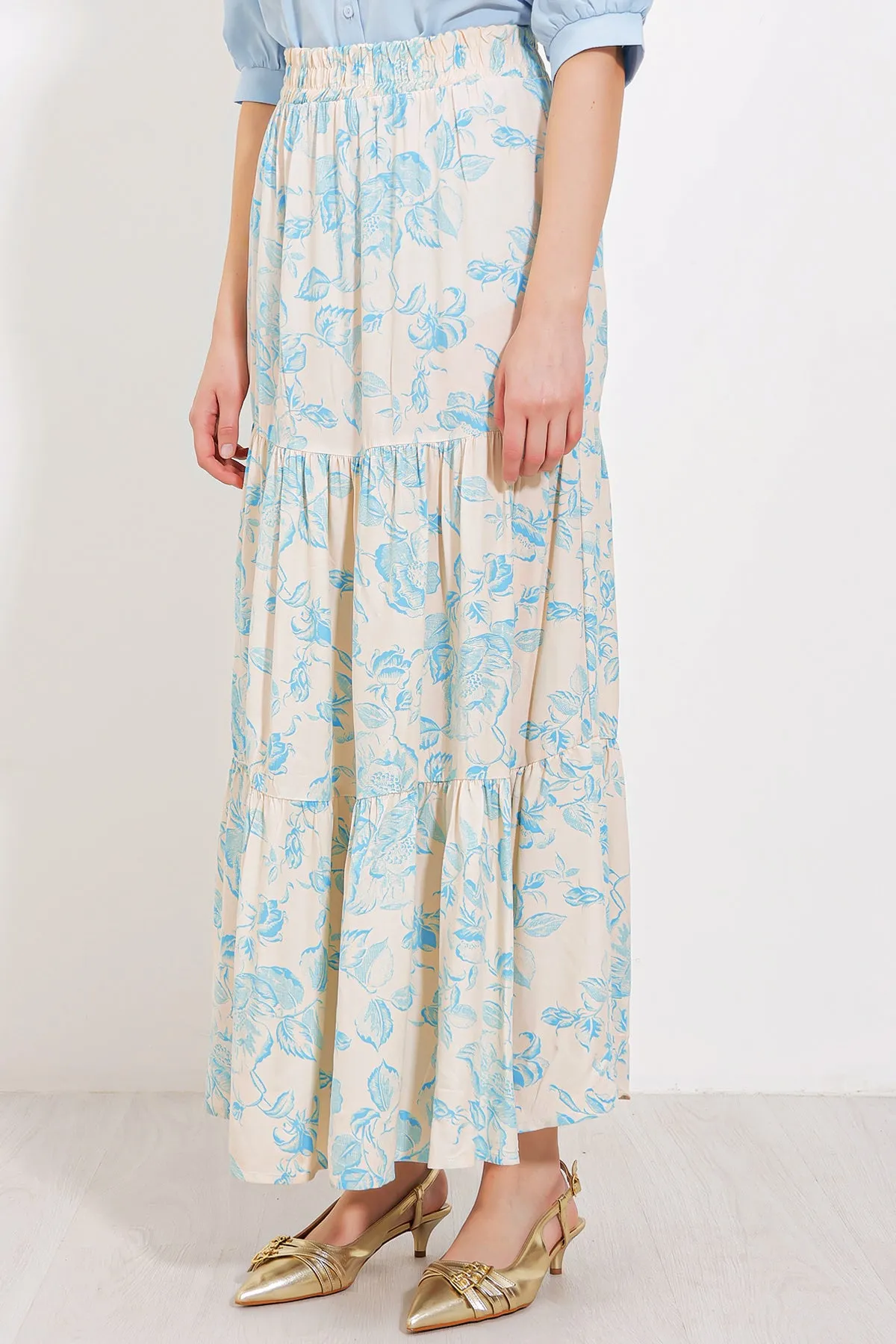 BGD Women Woman Cream Blue Patterned Long Viscose Skirt 1898 - Avondale