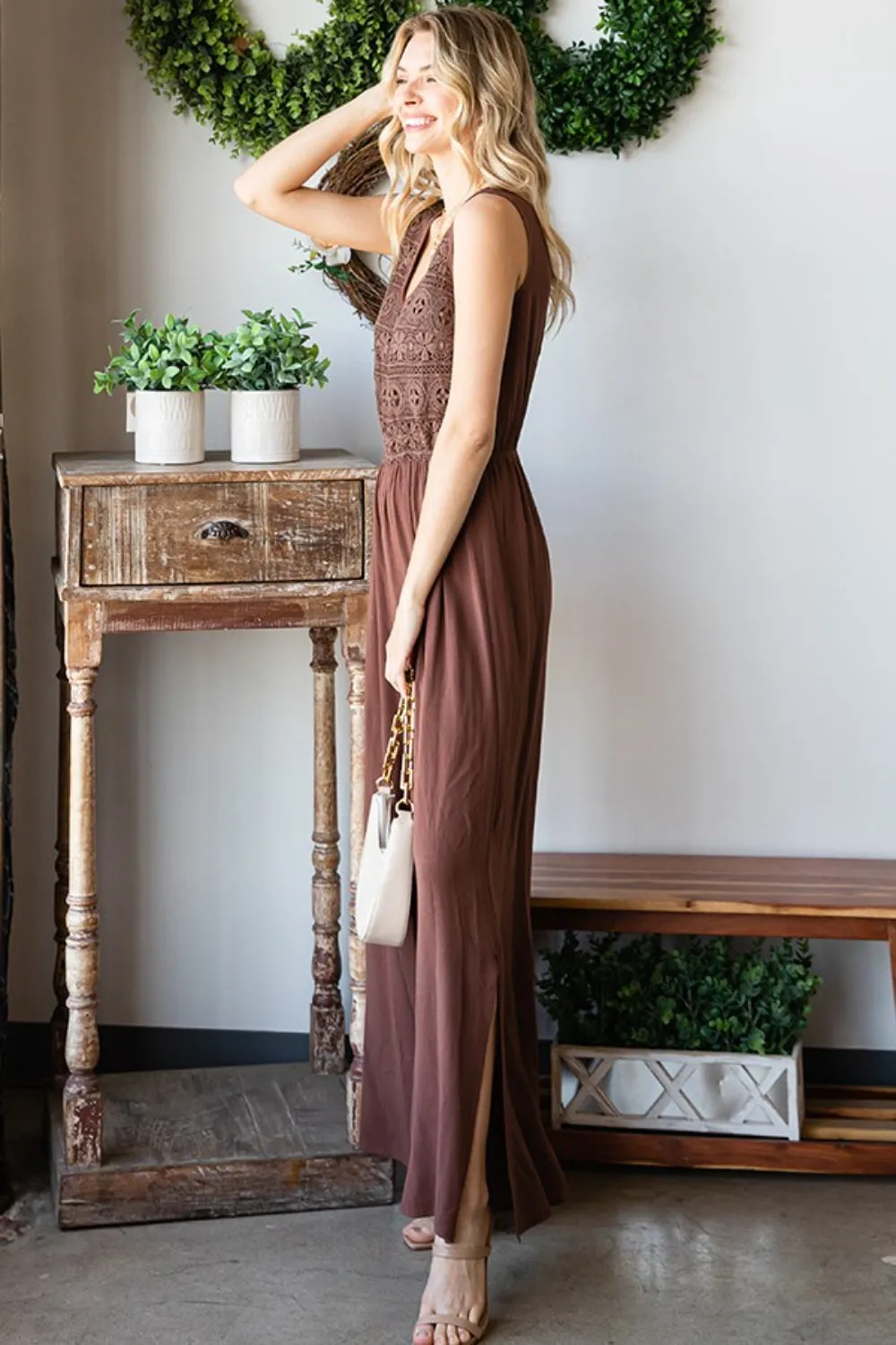 Blue Zone Planet |  First Love Tie Back Sleeveless Slit Wide Leg Jumpsuit