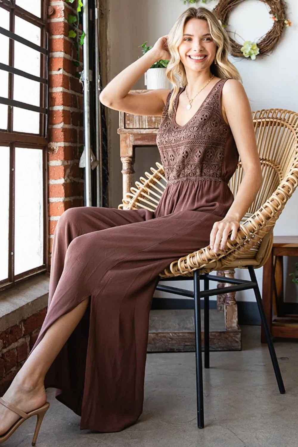 Blue Zone Planet |  First Love Tie Back Sleeveless Slit Wide Leg Jumpsuit