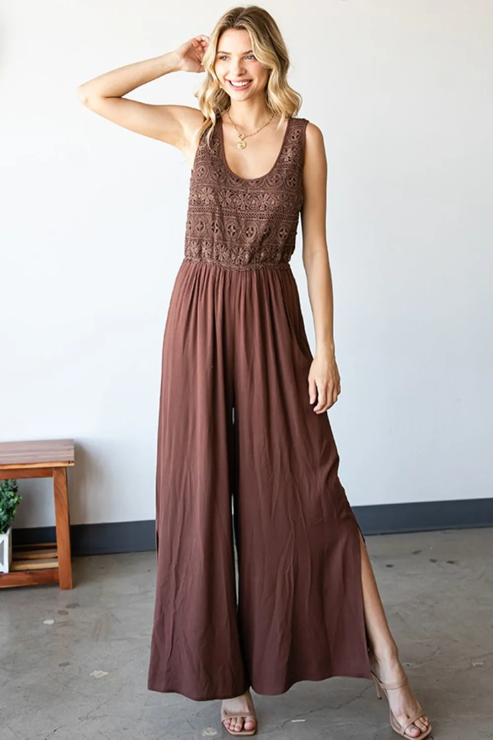 Blue Zone Planet |  First Love Tie Back Sleeveless Slit Wide Leg Jumpsuit