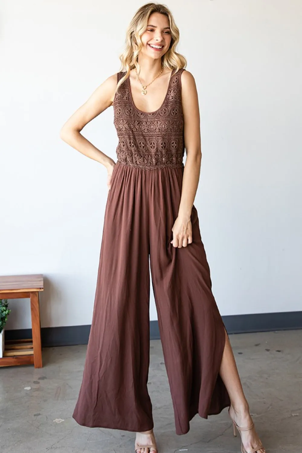 Blue Zone Planet |  First Love Tie Back Sleeveless Slit Wide Leg Jumpsuit