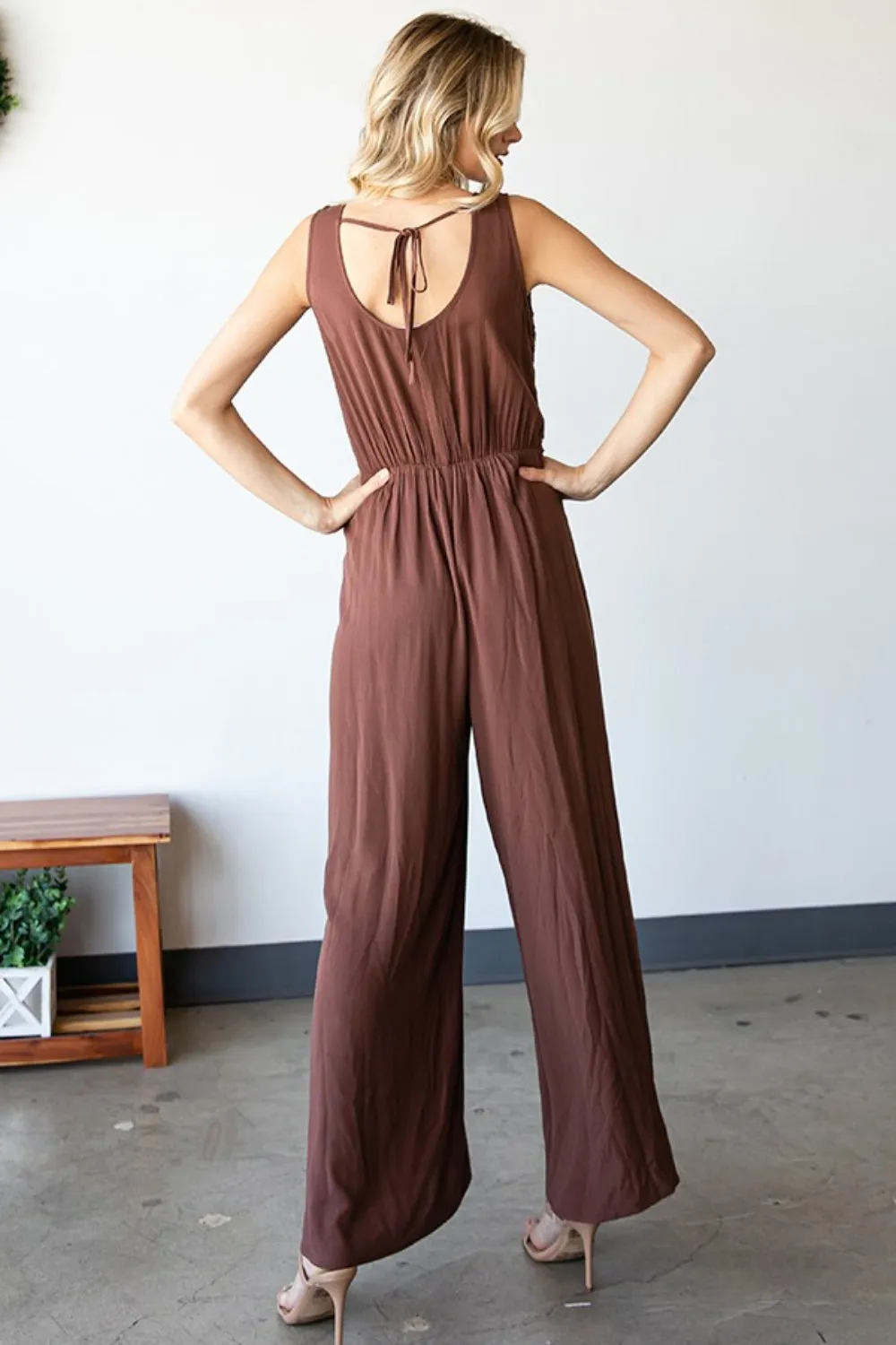 Blue Zone Planet |  First Love Tie Back Sleeveless Slit Wide Leg Jumpsuit
