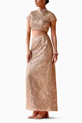 Blush Pink Long Slit Skirt With High Neck Blouse