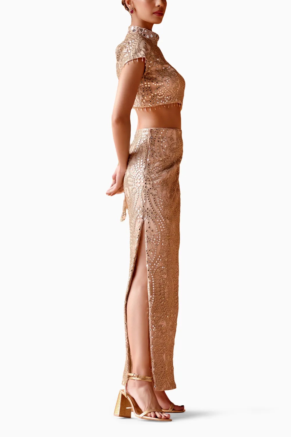 Blush Pink Long Slit Skirt With High Neck Blouse