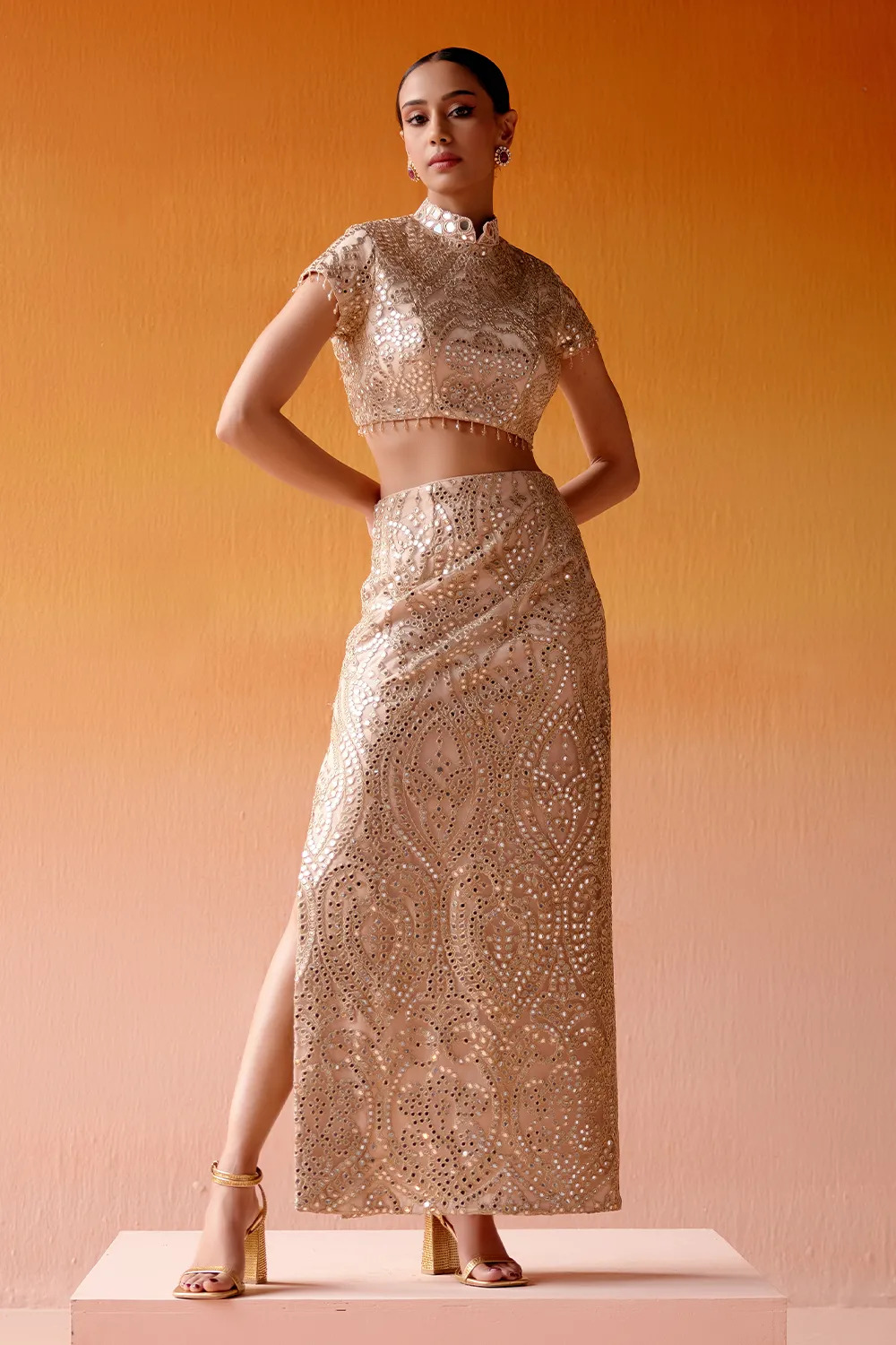 Blush Pink Long Slit Skirt With High Neck Blouse