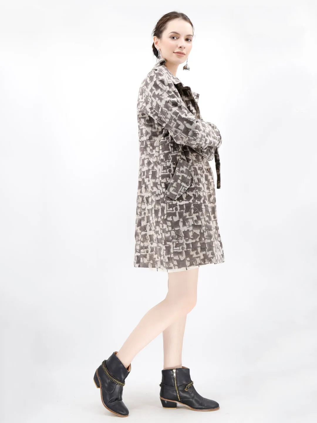 Brown Bagru Trench Coat With Wooden Buttons And Mettalic Embellishments