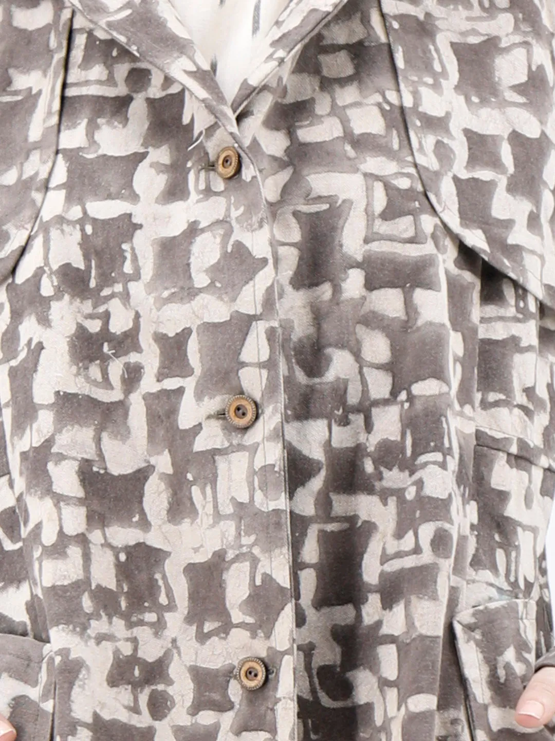 Brown Bagru Trench Coat With Wooden Buttons And Mettalic Embellishments