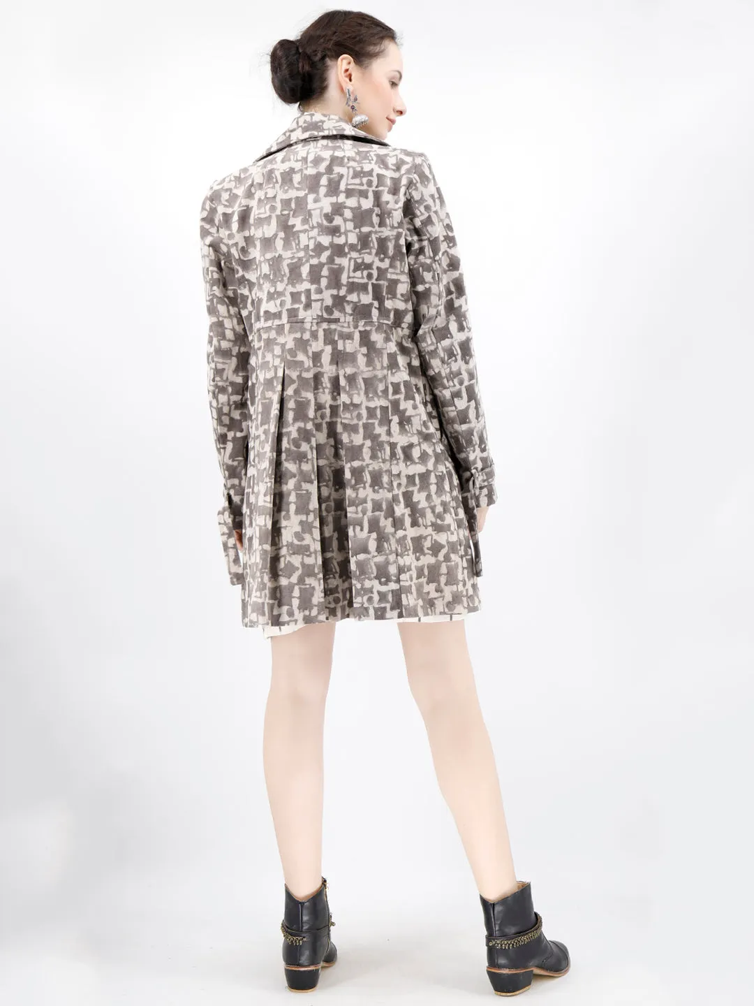 Brown Bagru Trench Coat With Wooden Buttons And Mettalic Embellishments