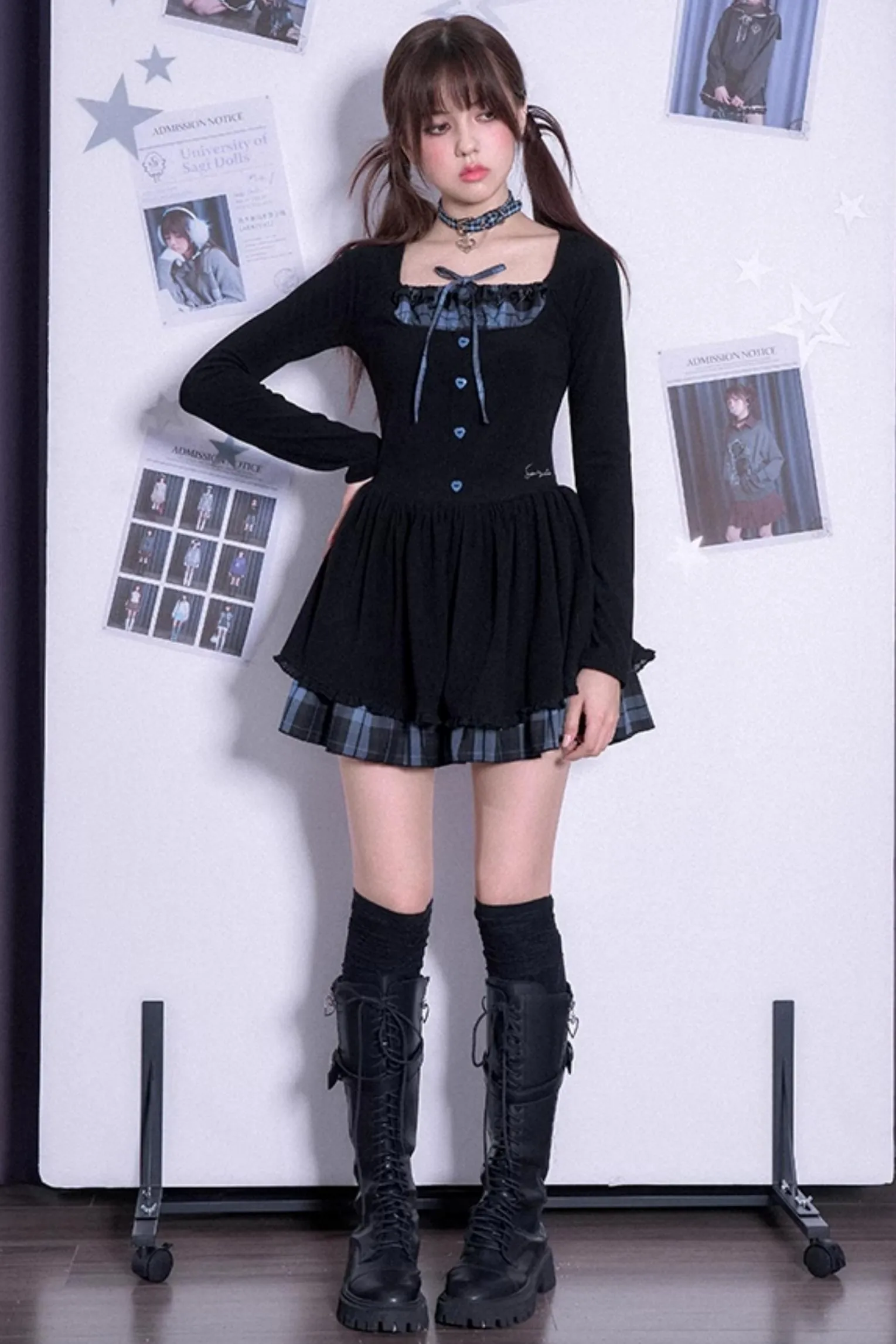 Checkered Long Sleeve Knit Dress
