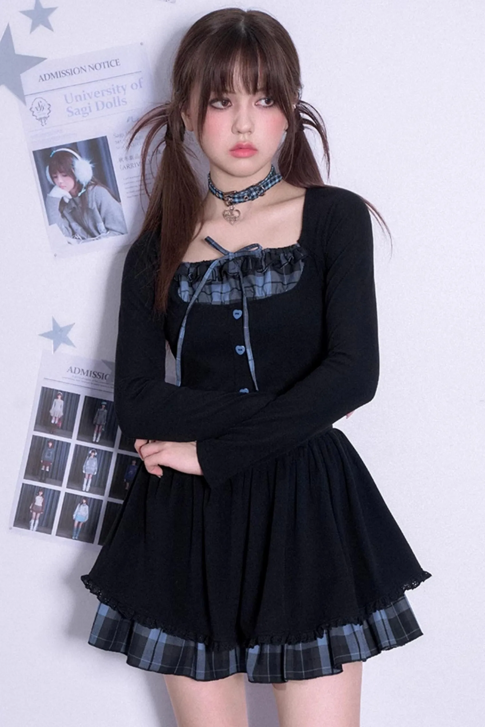 Checkered Long Sleeve Knit Dress