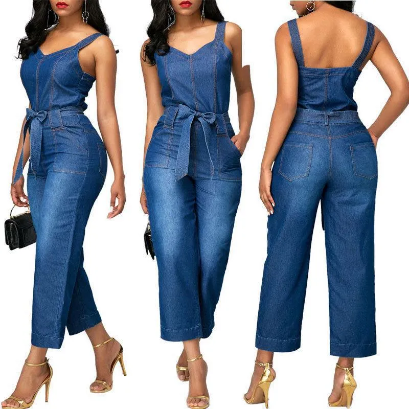 Chic Sling Bowknot Denim Jumpsuit for Effortless Style