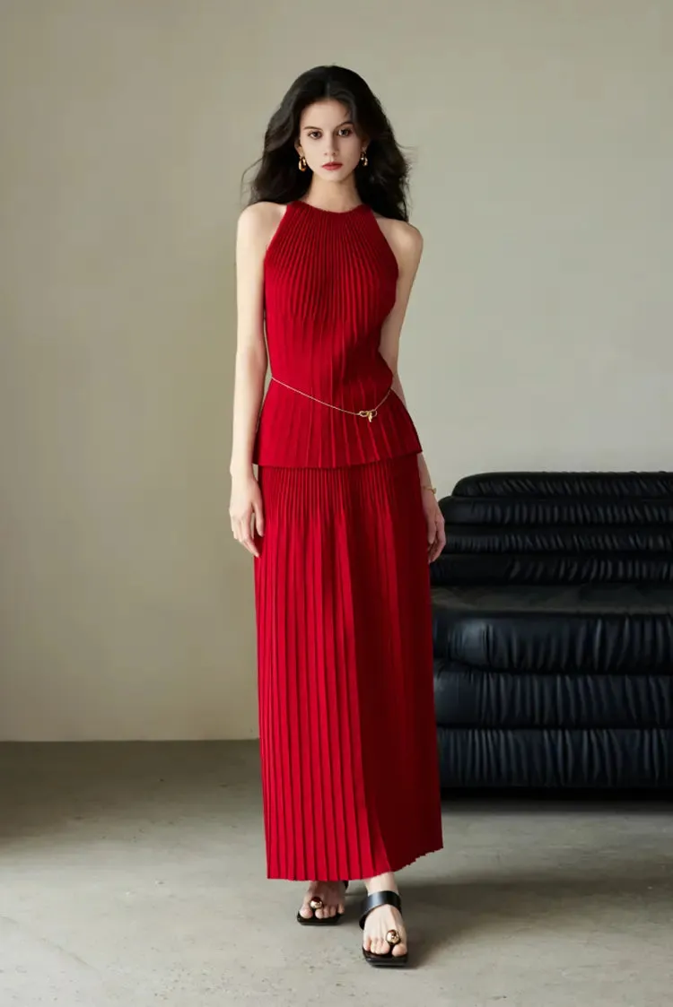 Cotton Blend Knitted Accordion Pleated Maxi Skirt