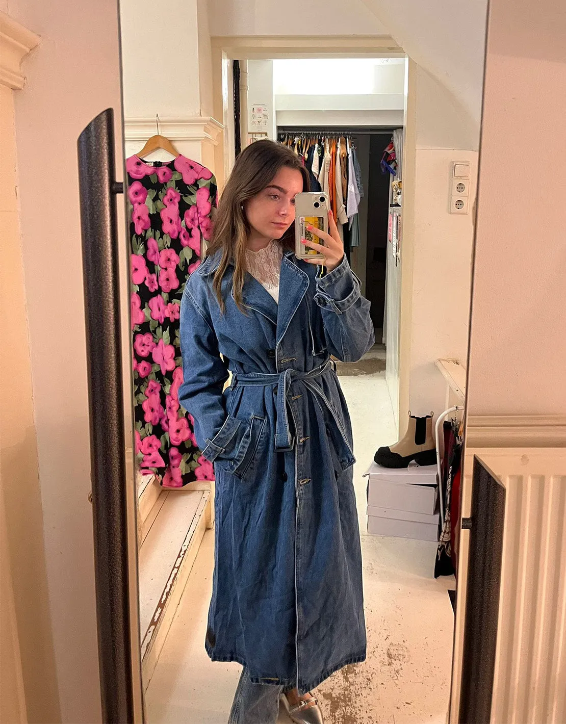 Denim belted trenchcoat