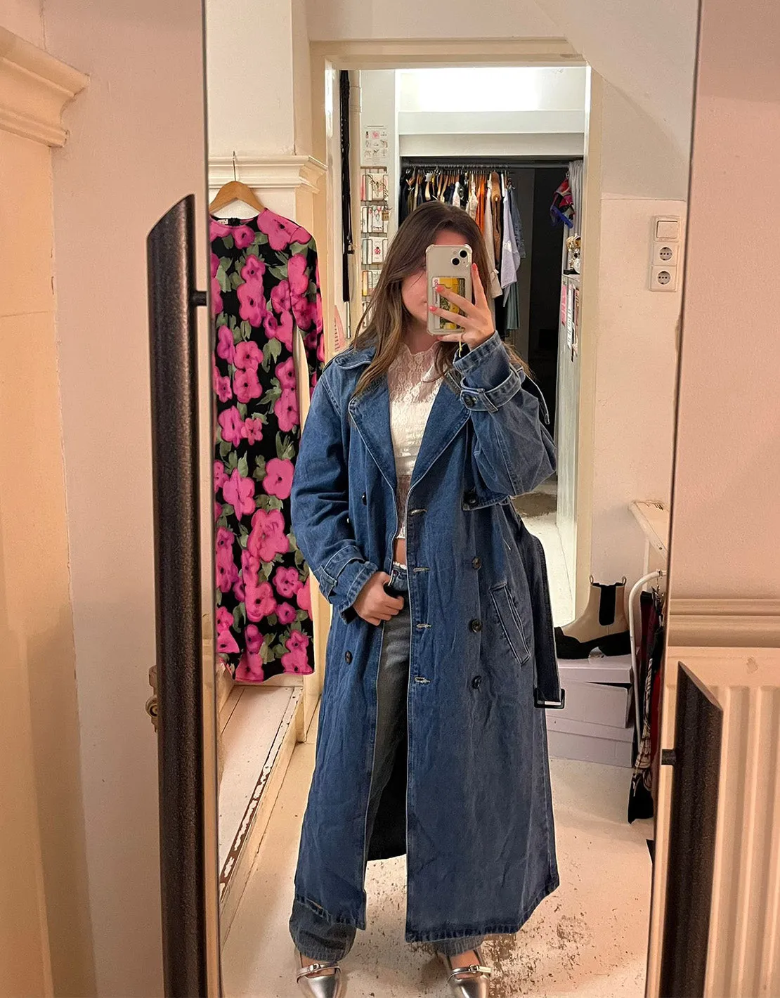 Denim belted trenchcoat