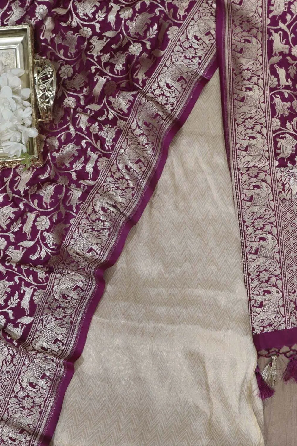 Dyeable Banarasi Georgette Suit With Purple Banarasi Silk Shikargah Dupatta