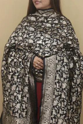 Elegant Black Banarasi Silk Shikargah Design Dupatta
