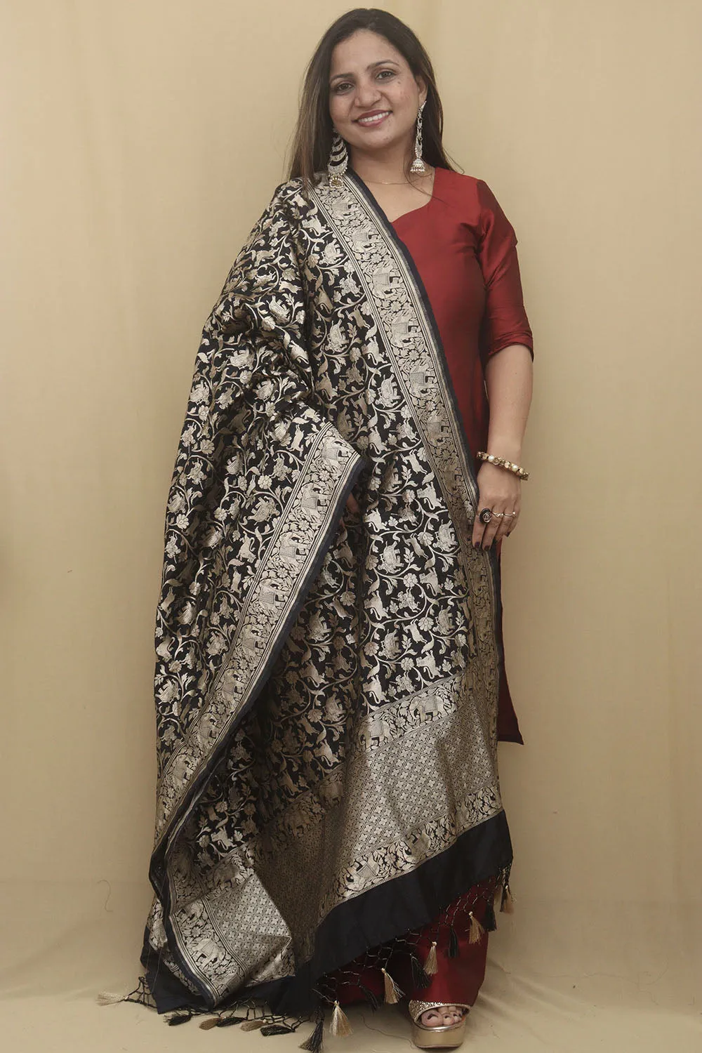 Elegant Black Banarasi Silk Shikargah Design Dupatta