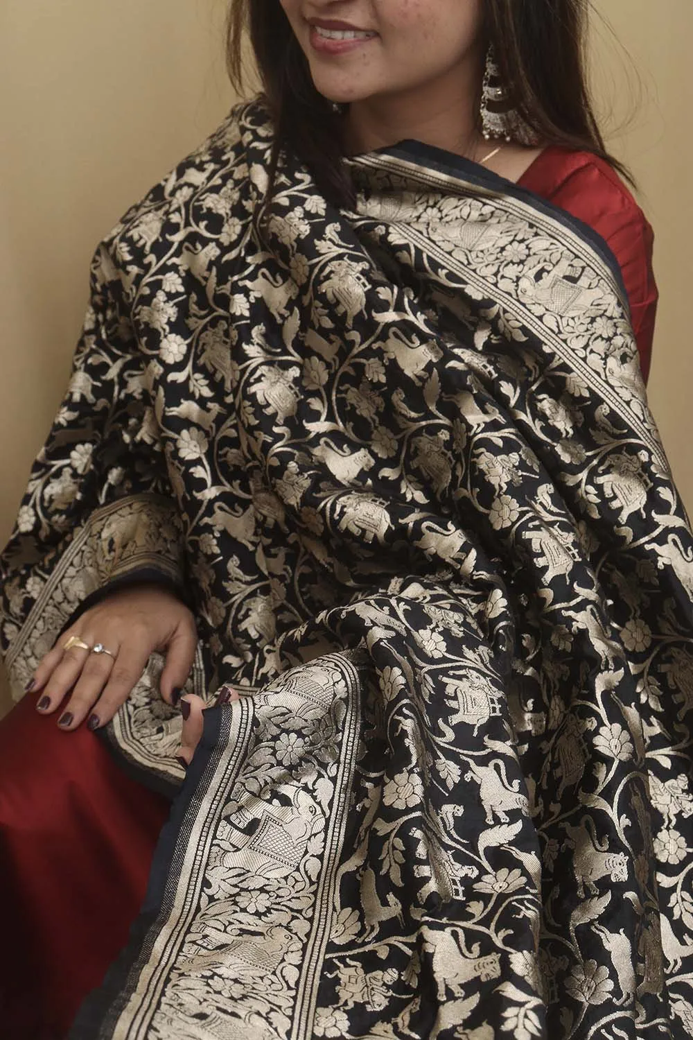 Elegant Black Banarasi Silk Shikargah Design Dupatta