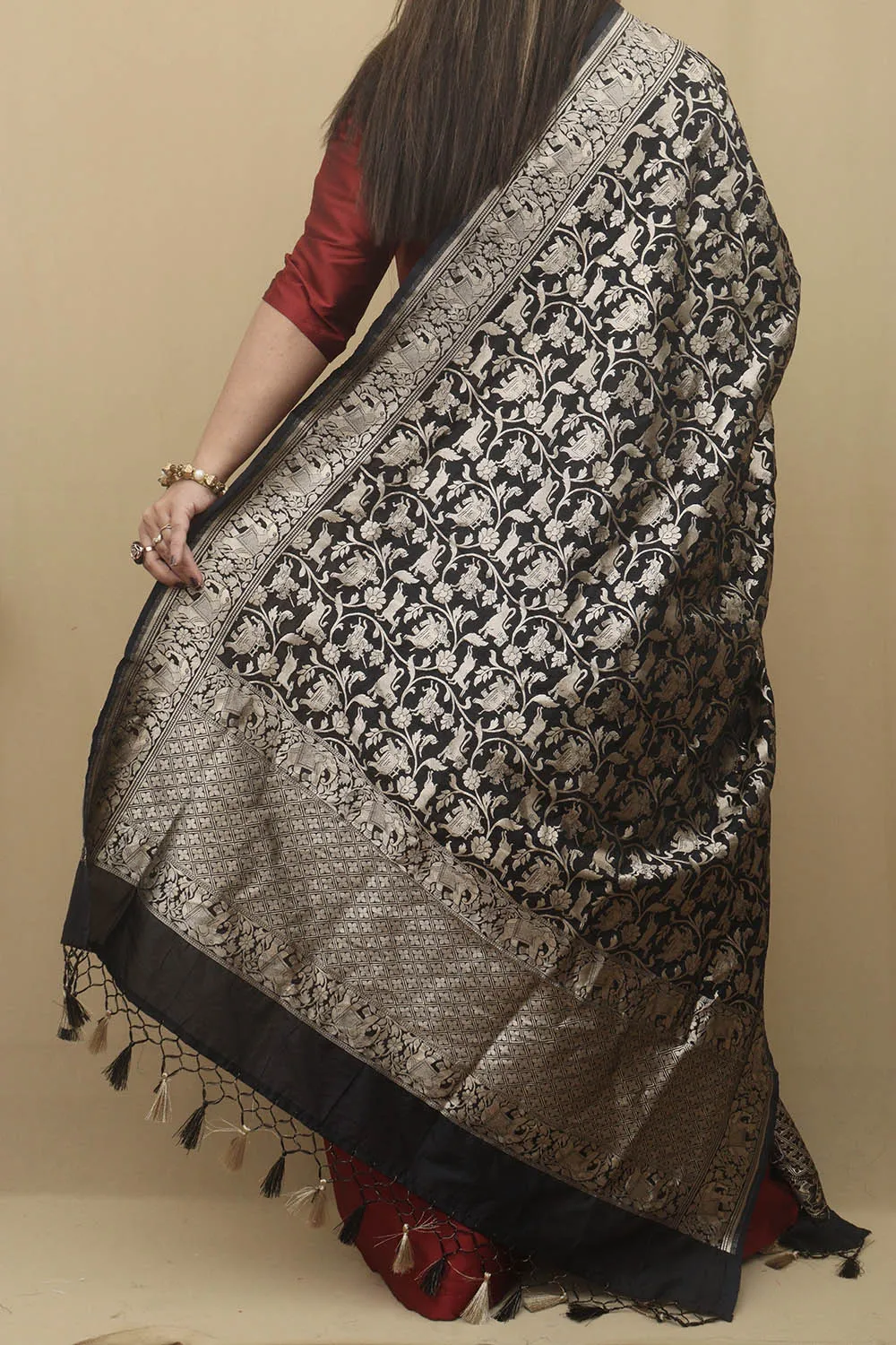 Elegant Black Banarasi Silk Shikargah Design Dupatta