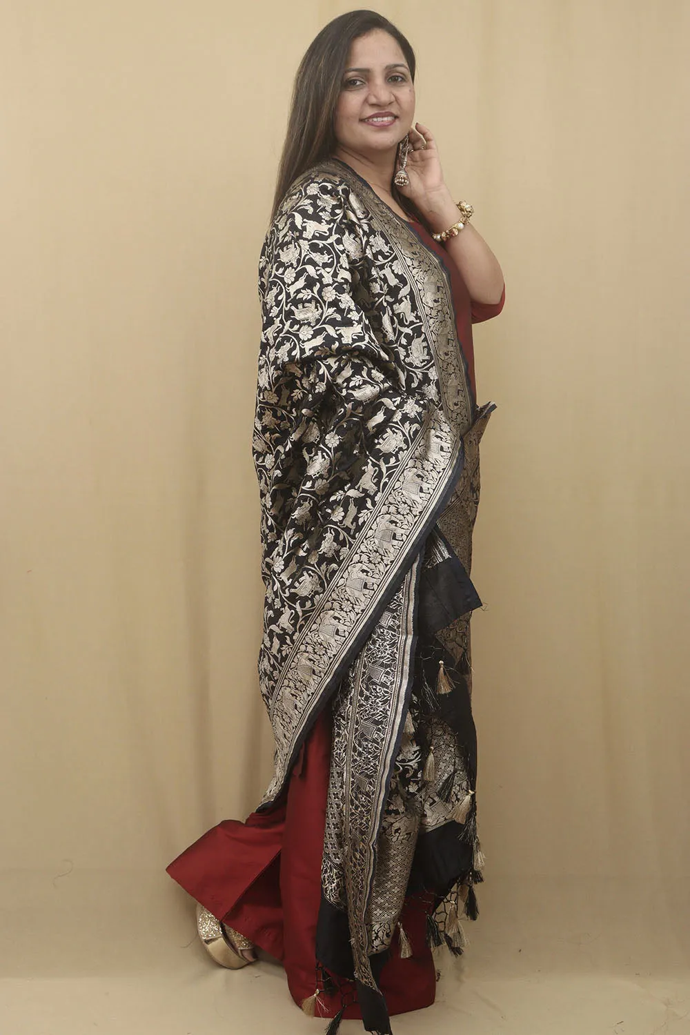 Elegant Black Banarasi Silk Shikargah Design Dupatta