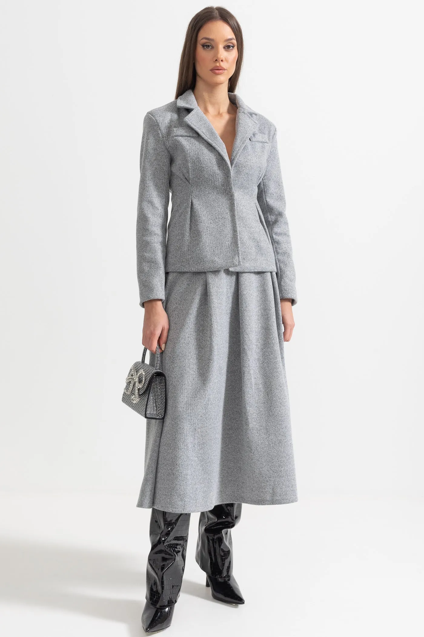 Elegant Two-Piece Tailored Blazer And Pleated Skirt Ensemble - Gray