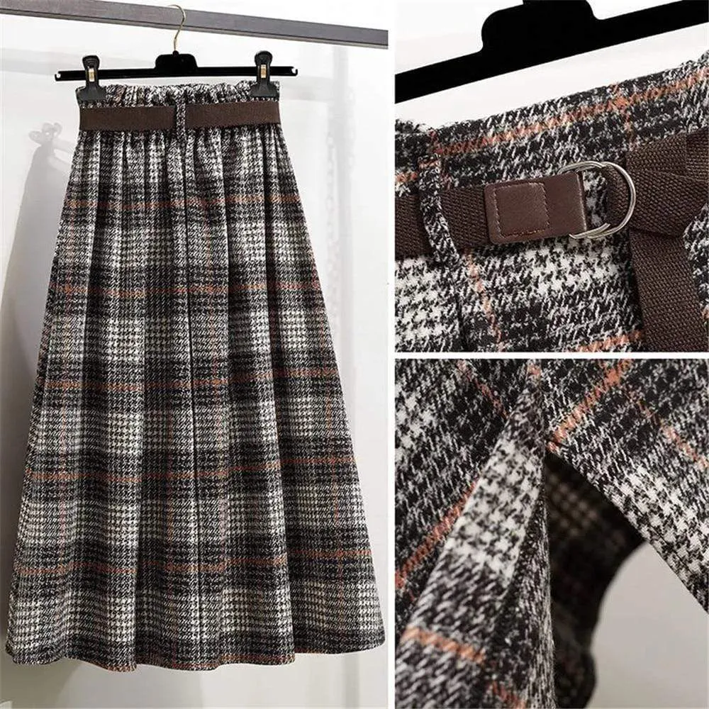 England Style Vintage Pleated  Wool Midi Skirts 