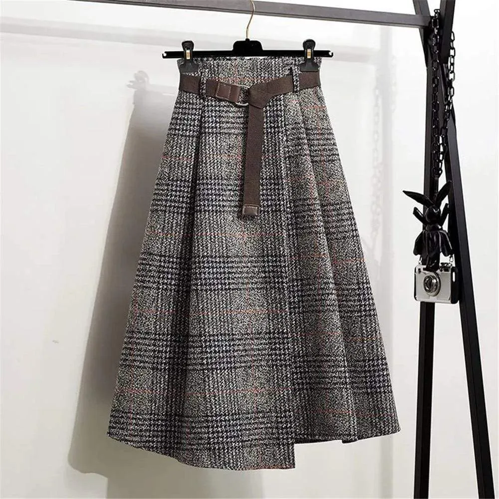 England Style Vintage Pleated  Wool Midi Skirts 