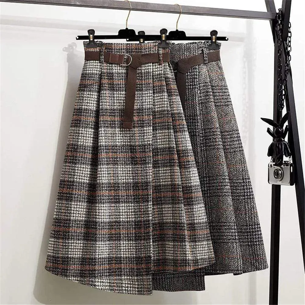 England Style Vintage Pleated  Wool Midi Skirts 