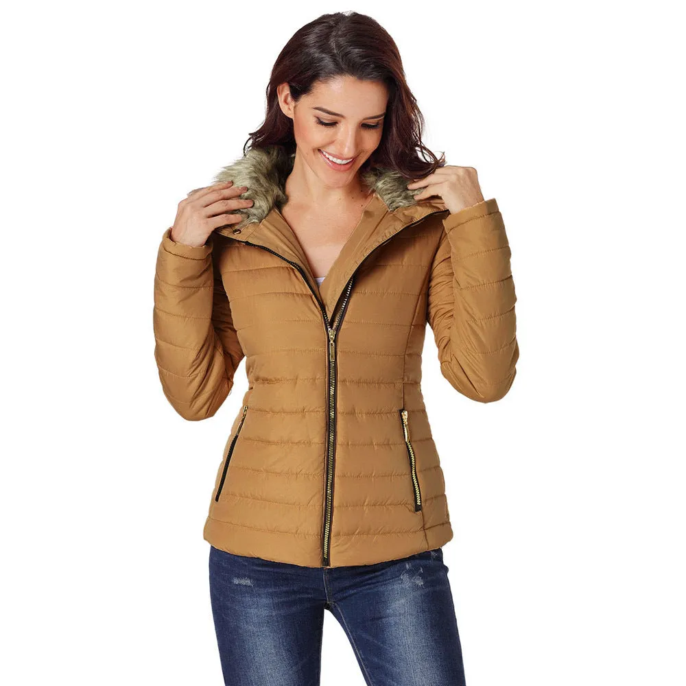 Faux Fur Collar Long-sleeved Cotton Jacket Women