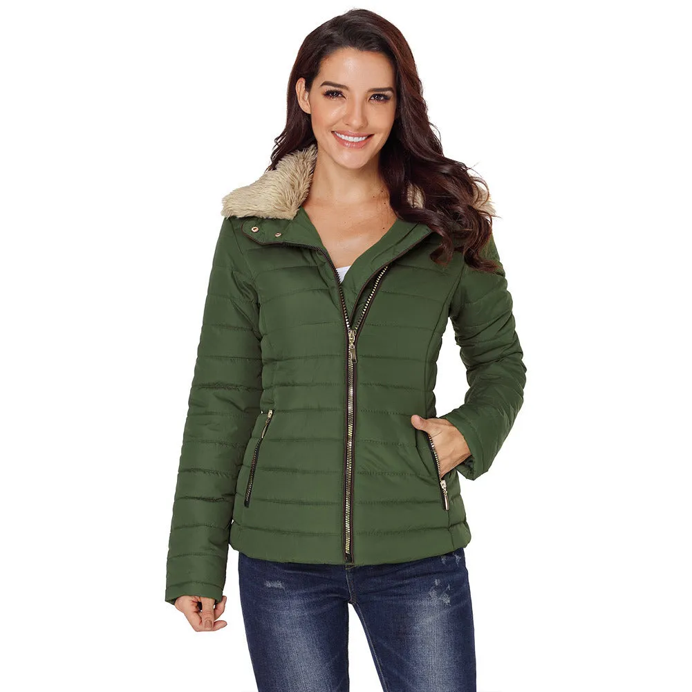 Faux Fur Collar Long-sleeved Cotton Jacket Women