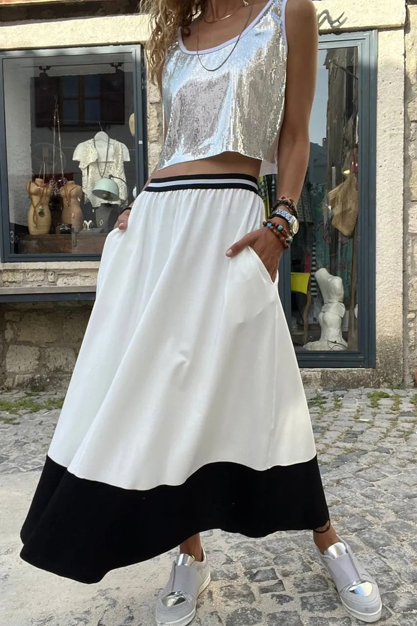 GNS Woman White Waist Striped Elastic Color Block Loose Long Skirt BST700-3535 - Wollongong