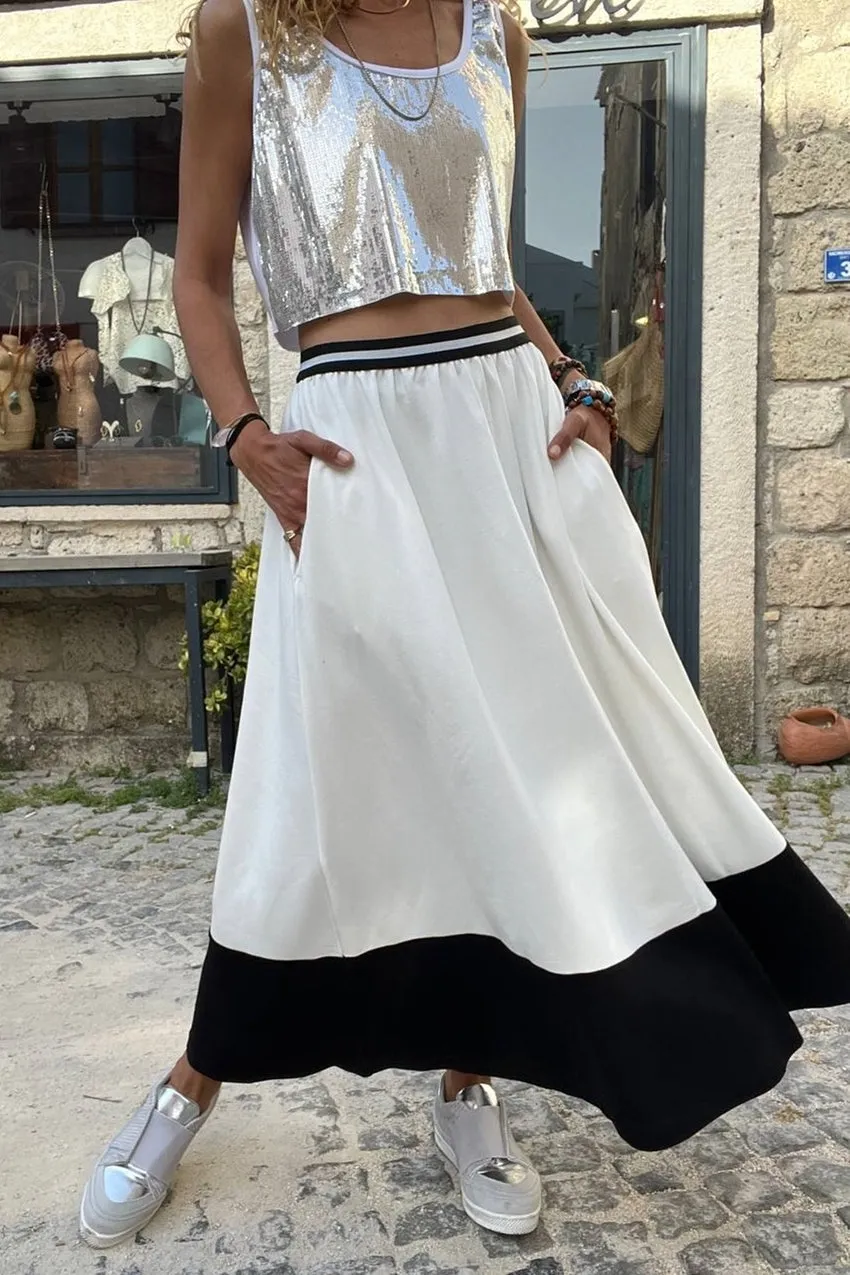 GNS Woman White Waist Striped Elastic Color Block Loose Long Skirt BST700-3535 - Wollongong
