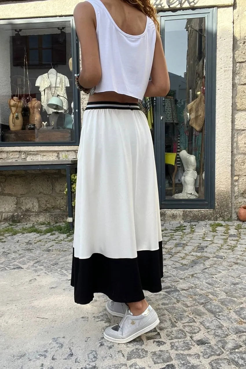 GNS Woman White Waist Striped Elastic Color Block Loose Long Skirt BST700-3535 - Wollongong