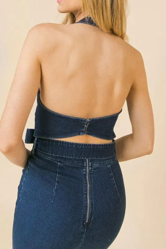 Halter neckline denim jumpsuit