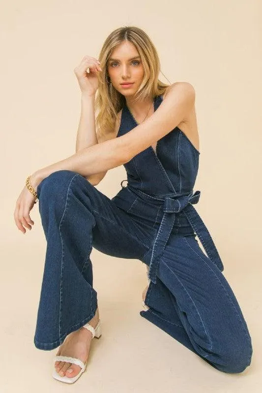 Halter neckline denim jumpsuit