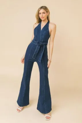Halter neckline denim jumpsuit