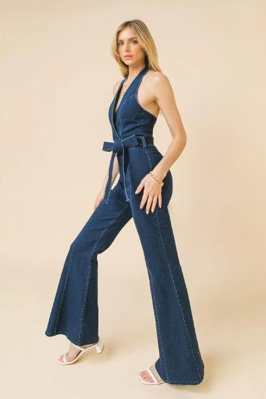 Halter neckline denim jumpsuit
