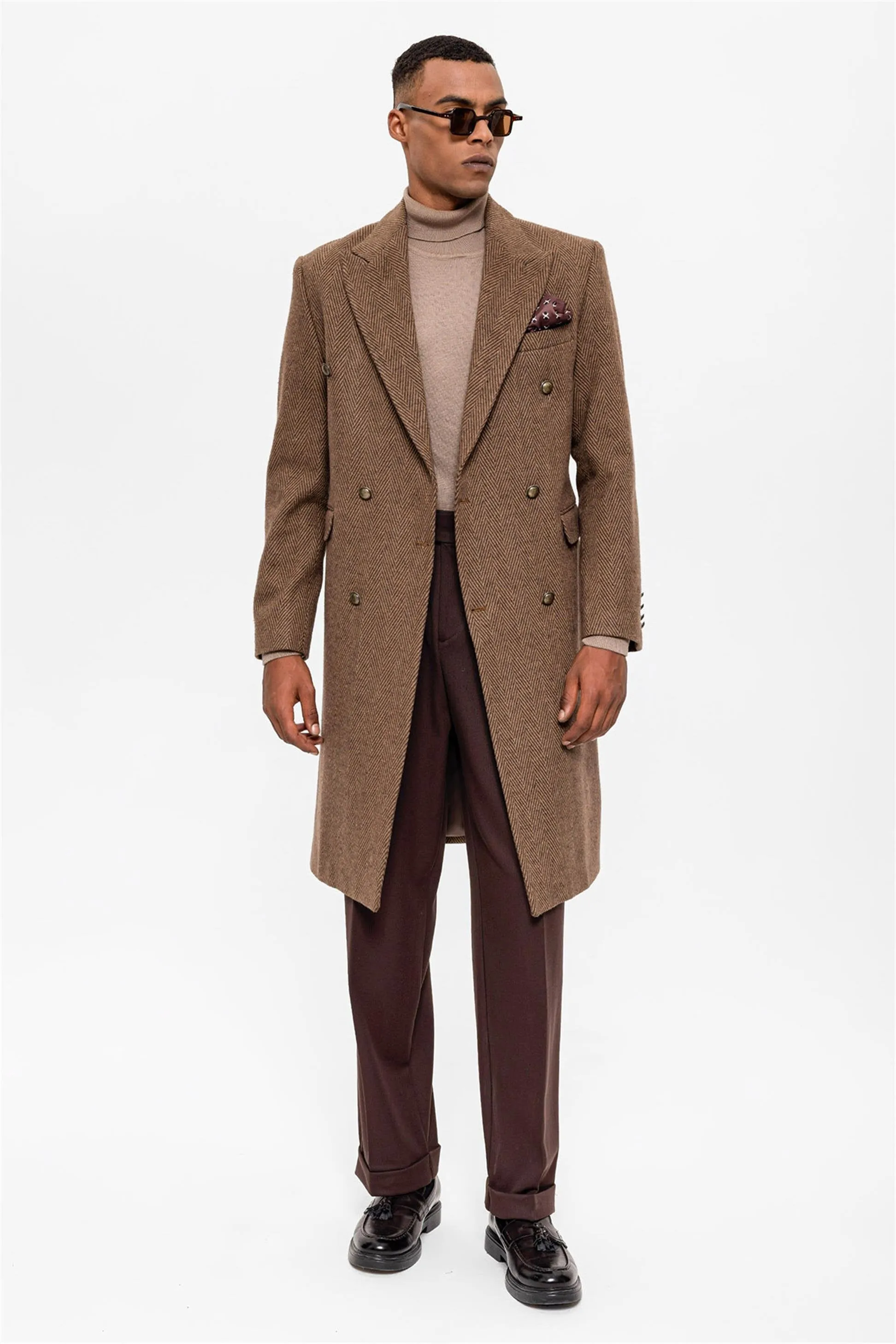 Herringbone Patterned Double Breasted Men's Coat - Wessi