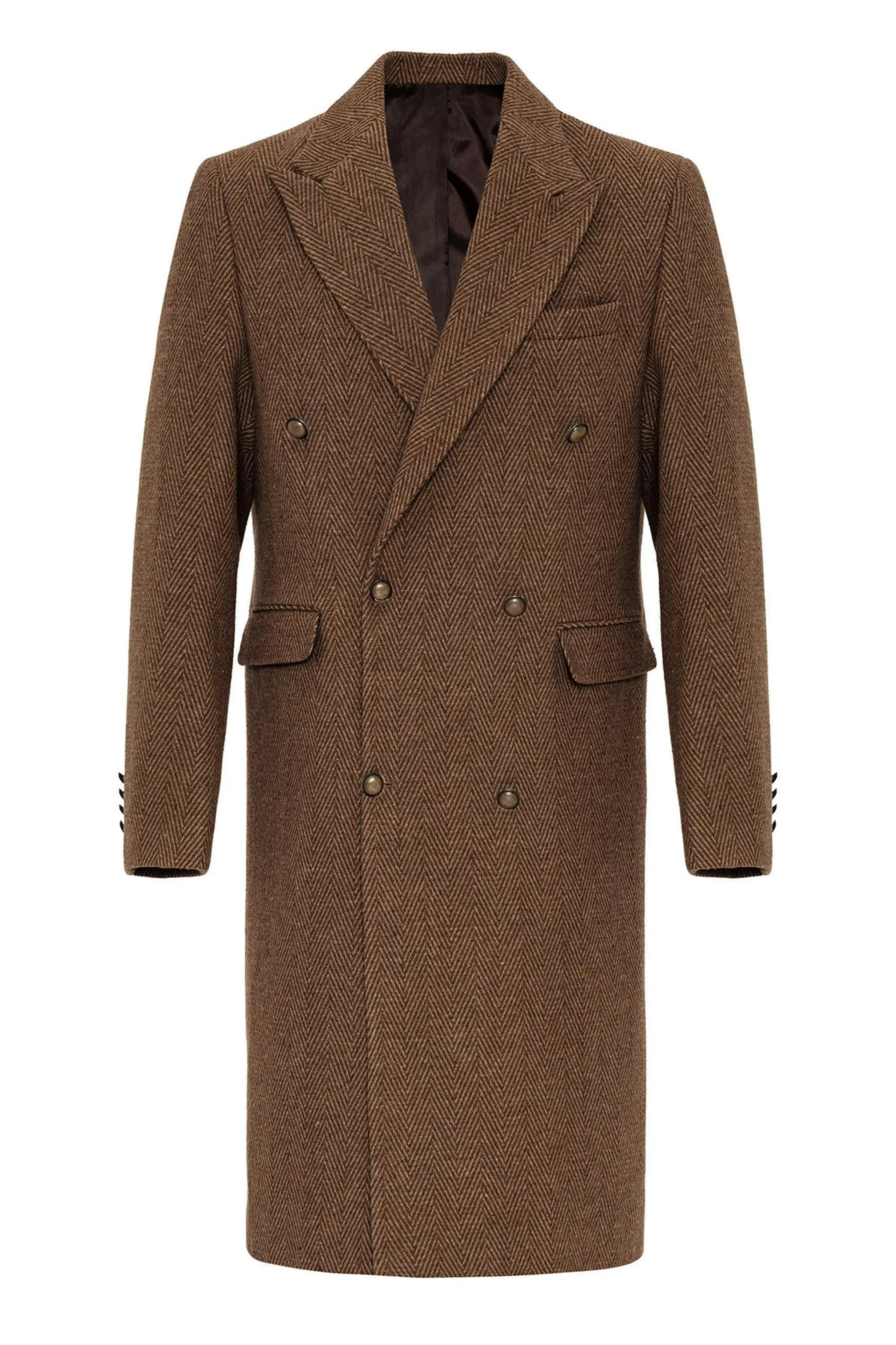 Herringbone Patterned Double Breasted Men's Coat - Wessi