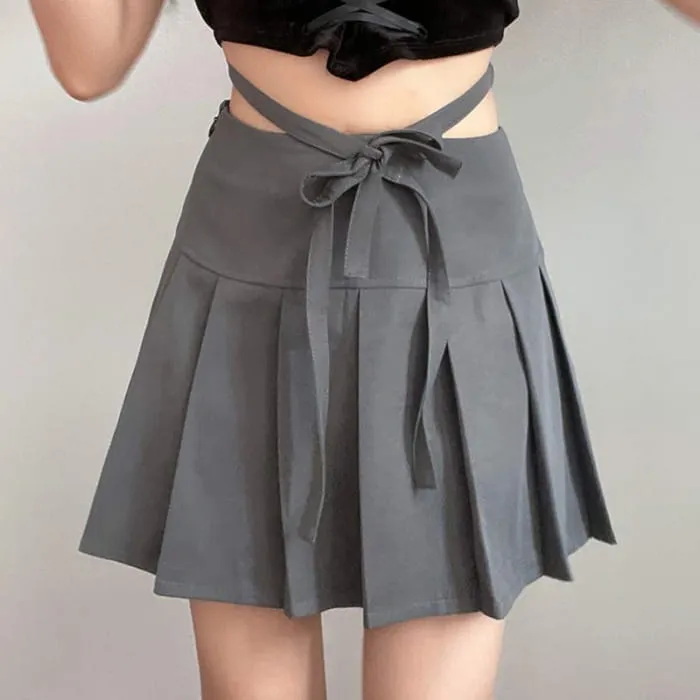 High Waist Lace Up Bow Pleated Skirt