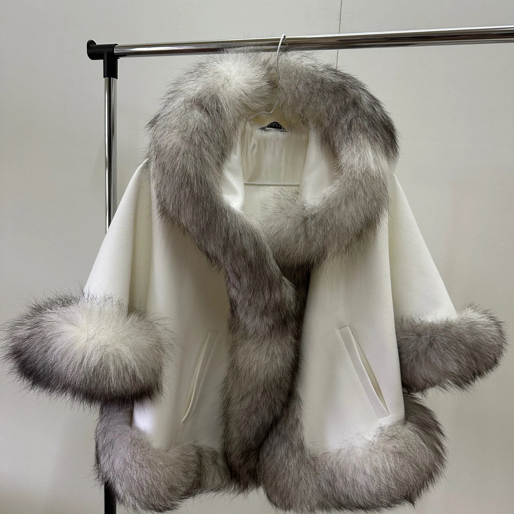 Ivory Women Winter Coat Cape Trim Fox Fur, Winter Women's Poncho Jacket lined, Warm Women's coat with a hood